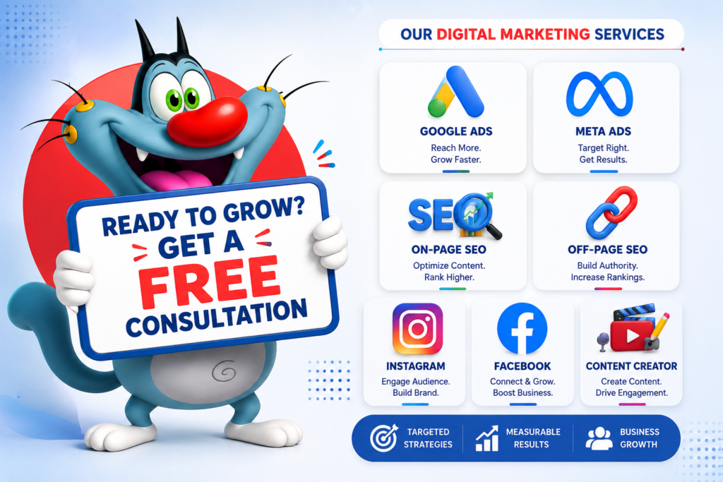 Oggy cartoon character holding a free consultation sign with digital marketing services including Google Ads, Meta Ads and SEO