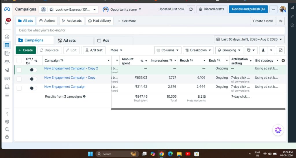 Meta Ads campaign dashboard showing performance results for Lucknow Express Property real estate campaign
