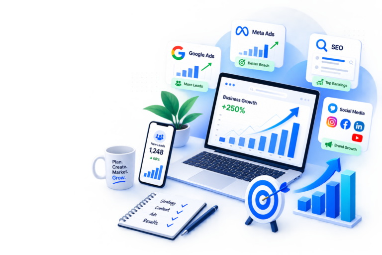 Digital marketing strategy with SEO, Google Ads, Meta Ads and business growth analytics