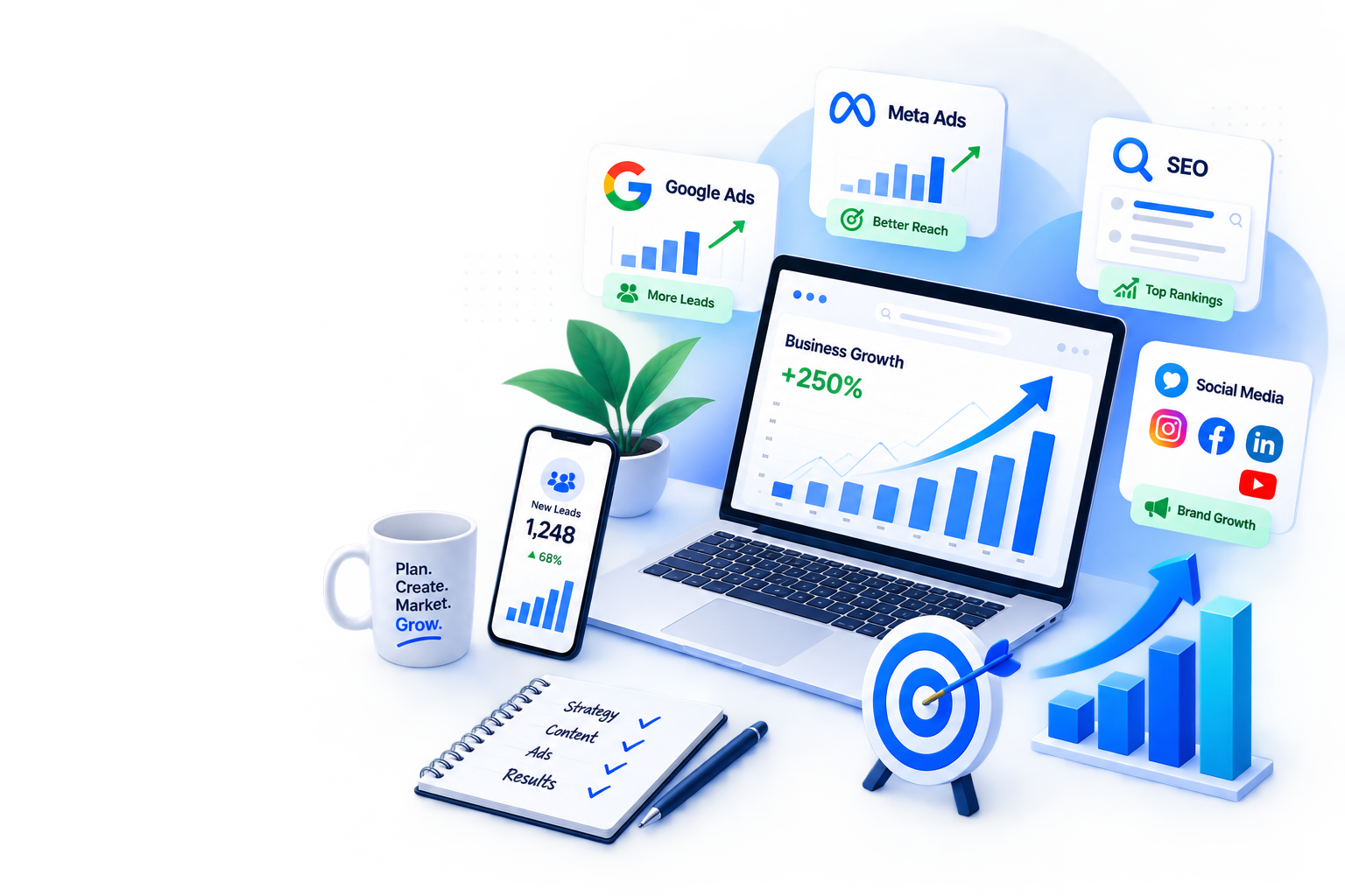Digital marketing strategy with SEO, Google Ads, Meta Ads and business growth analytics