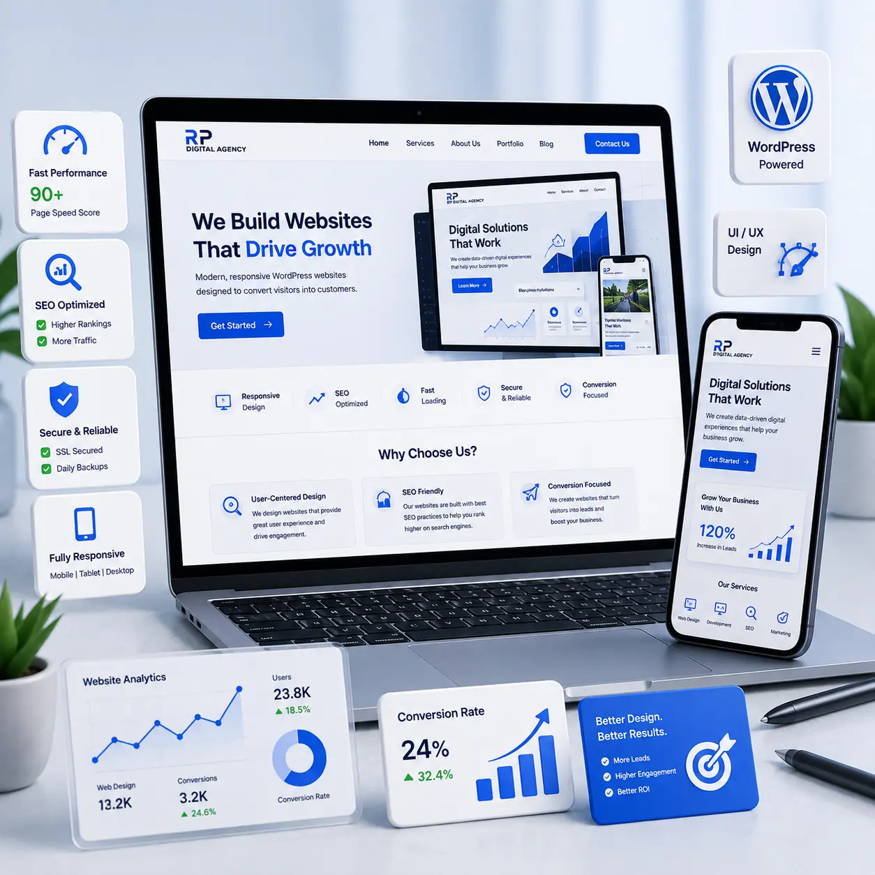 Modern WordPress website displayed on laptop + mobile + UI/UX elements + conversion/analytics graphics.